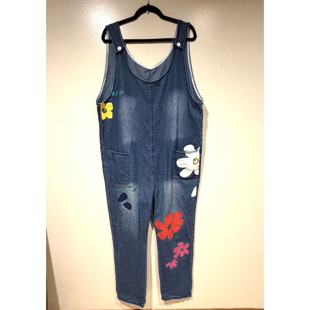 Denim Overalls with Floral Appliqué Pockets Women’s Size XXXL (see Measurements)